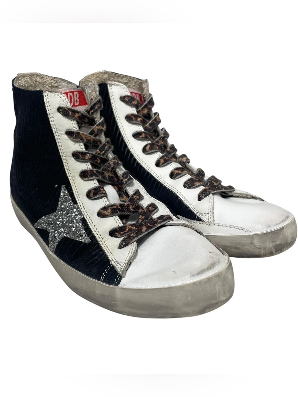 Golden Goose Black & White High-Top Sneakers with Silver Glitter Star